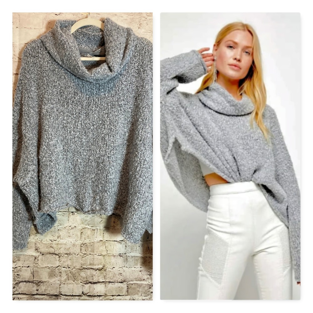 Free People BFF Cowl Neck Sweater Oversized Boxy Large Light Gray Soft Knit - Picture 1 of 15